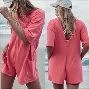 Free People Movement Hot Shot Tee Romper Pink Coral Size L Athleisure Cozy